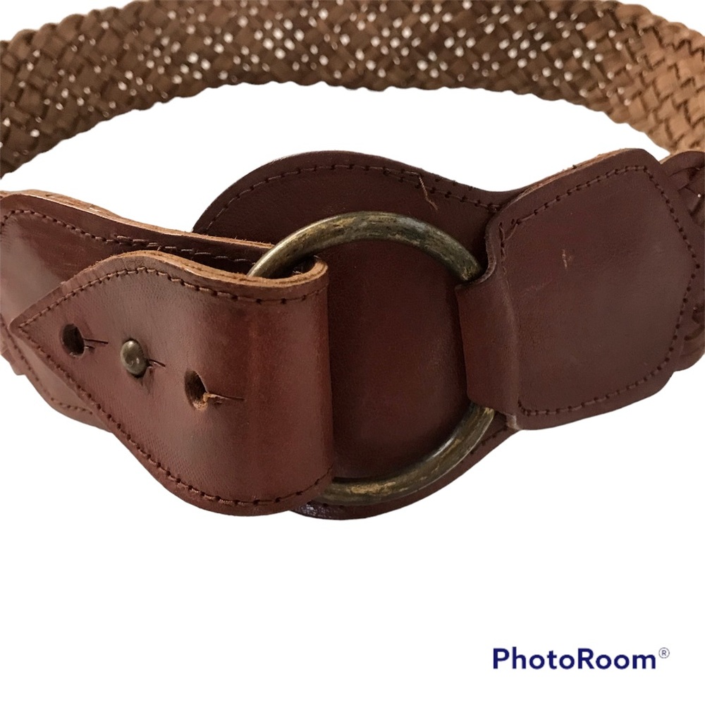 Leather Belt Woven Brown Fold Back Circle Buckle Heavy Patina Size Large